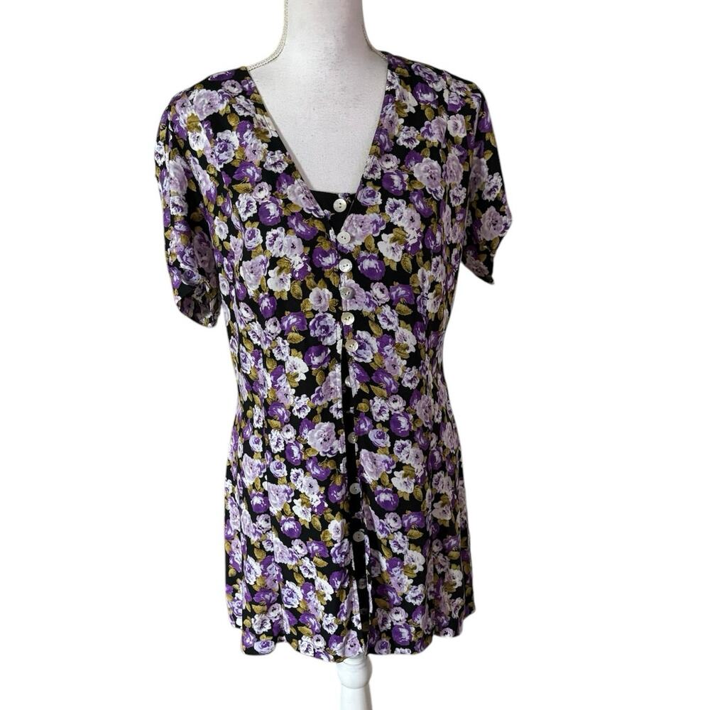 Vintage JBS M L Floral Mini Dress Layered Look Button Front 90s Nineties Y2K